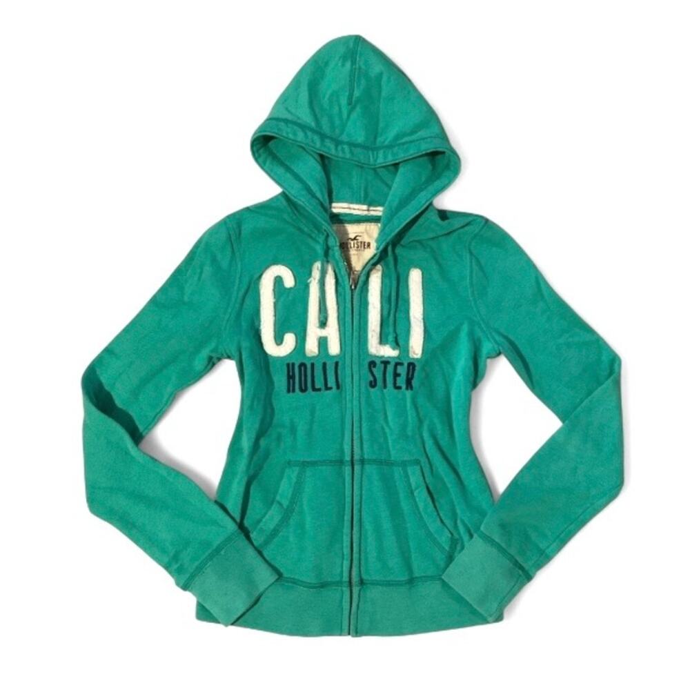 Vintage Y2K Hollister Teal Fitted Full-Zip Hoodie Size Large